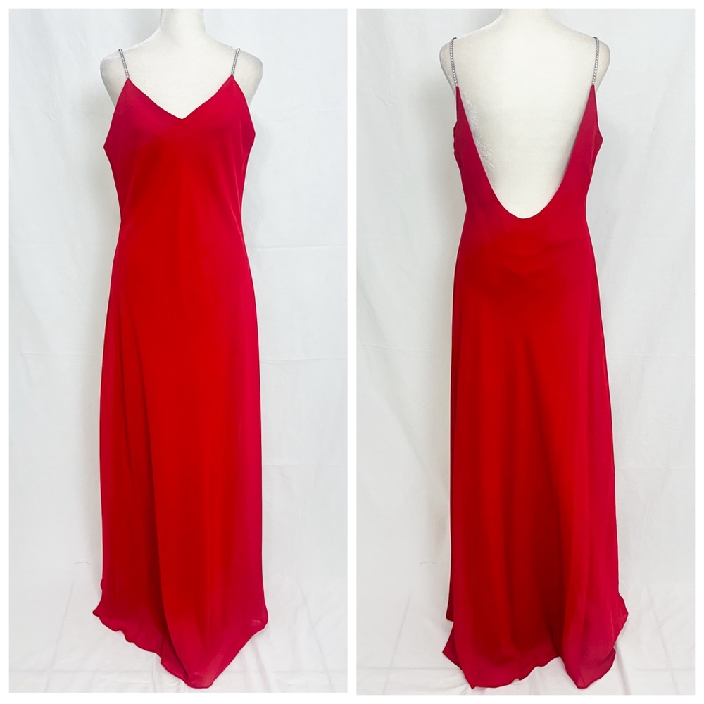 Dave & Johnny Vintage Red slip prom dress with low v back and rhinestone straps